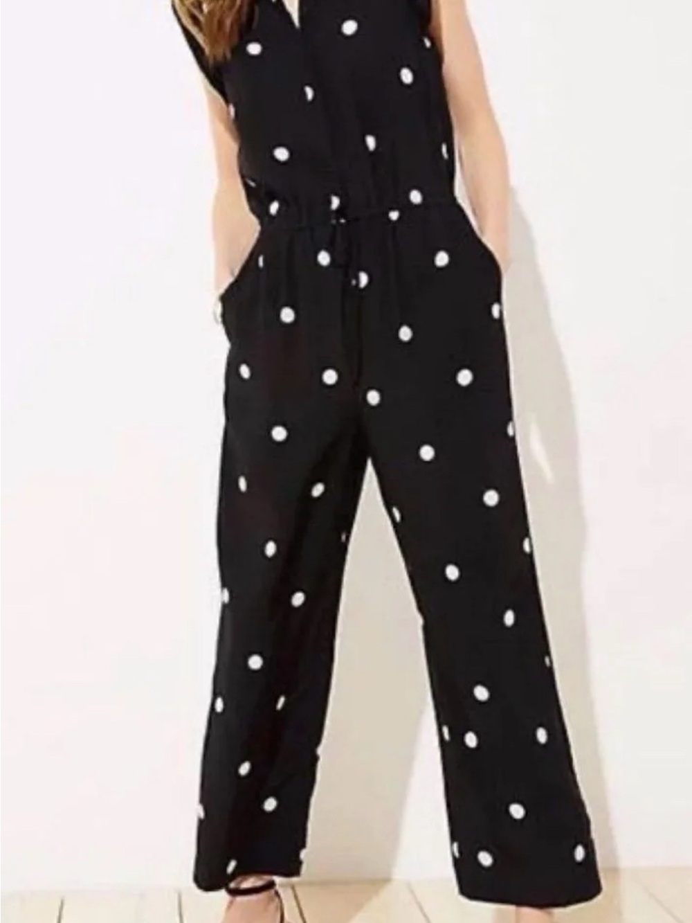 LOFT Black Polka Dot Sleeveless Drawstring Jumpsuit